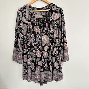 Lucky Brand Boho Top Black Floral 3/4 Sleeve